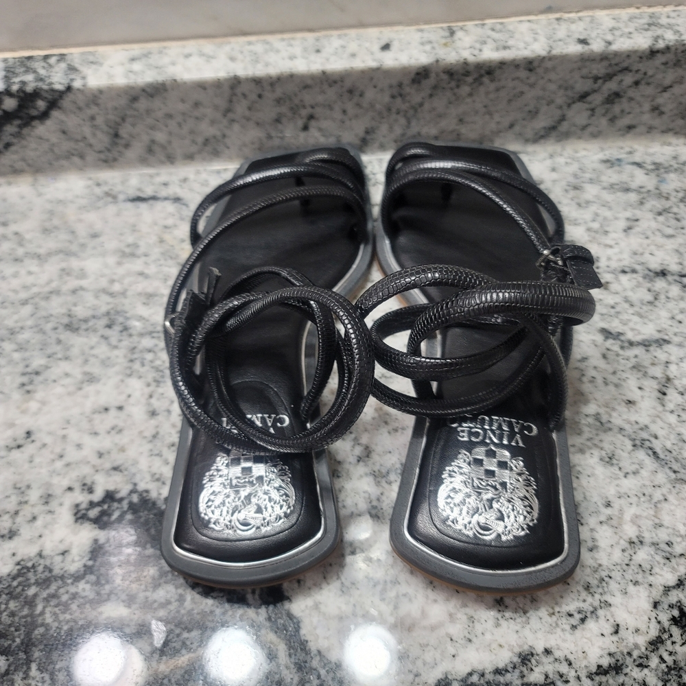 Vince Camuto Pertema Leather Embossed Ankle Strap Flat Sandals - Picture 3 of 8